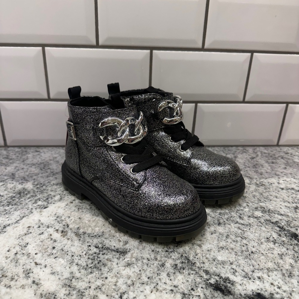 Nina Kids Size 10 Combat Boots Silver Black Glitter Chain Detail Glam Sparkle